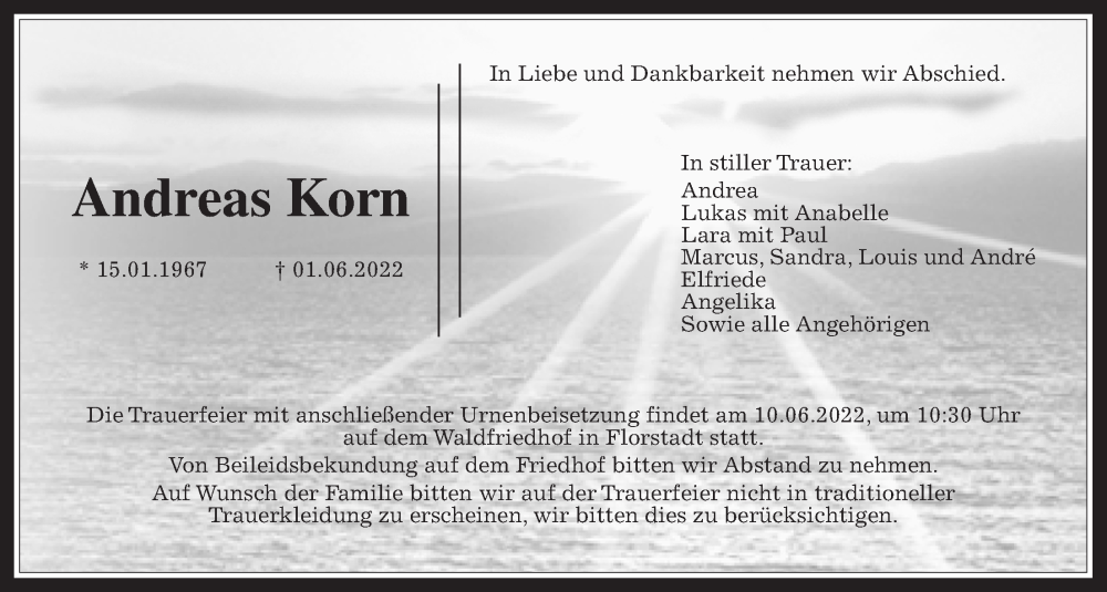 Traueranzeige für Andreas Korn vom 04.06.2022 aus Wetterauer Zeitung