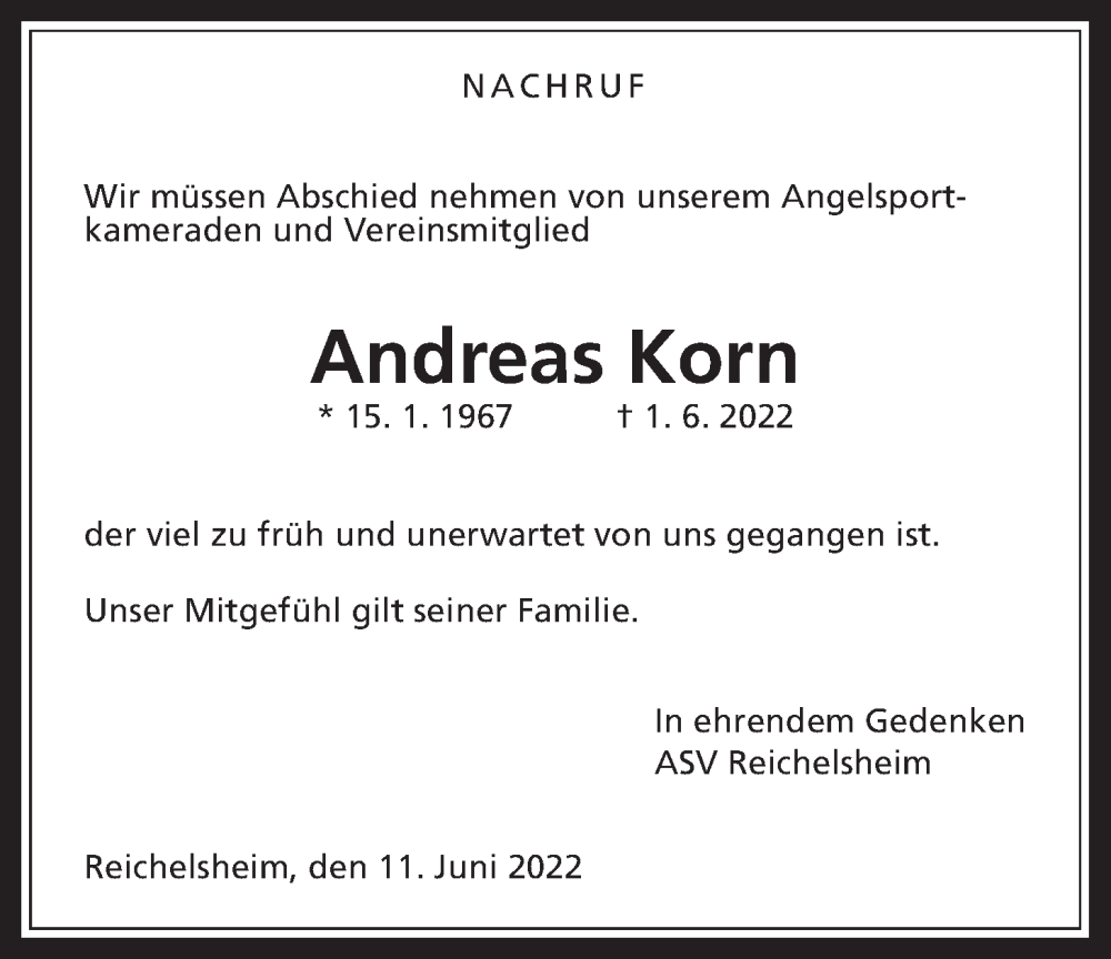  Traueranzeige für Andreas Korn vom 11.06.2022 aus Wetterauer Zeitung