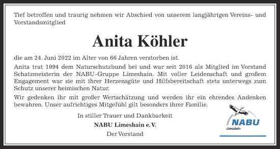 Traueranzeige von Anita Köhler von Kreis-Anzeiger