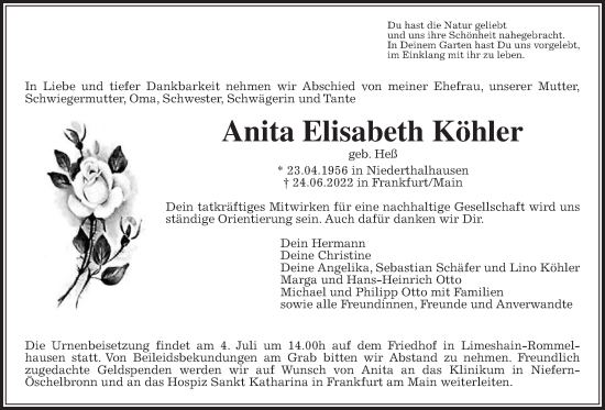 Traueranzeige von Anita Elisabeth Köhler von Kreis-Anzeiger
