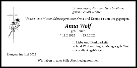Traueranzeige von Anna Wolf von Licher Wochenblatt