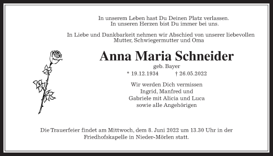 Traueranzeige von Anna Maria Schneider von Wetterauer Zeitung