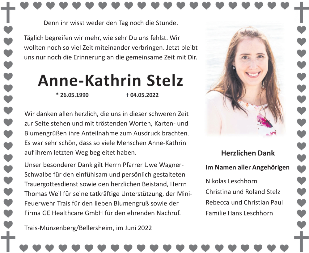  Traueranzeige für Anne-Kathrin Stelz vom 23.06.2022 aus Licher Wochenblatt