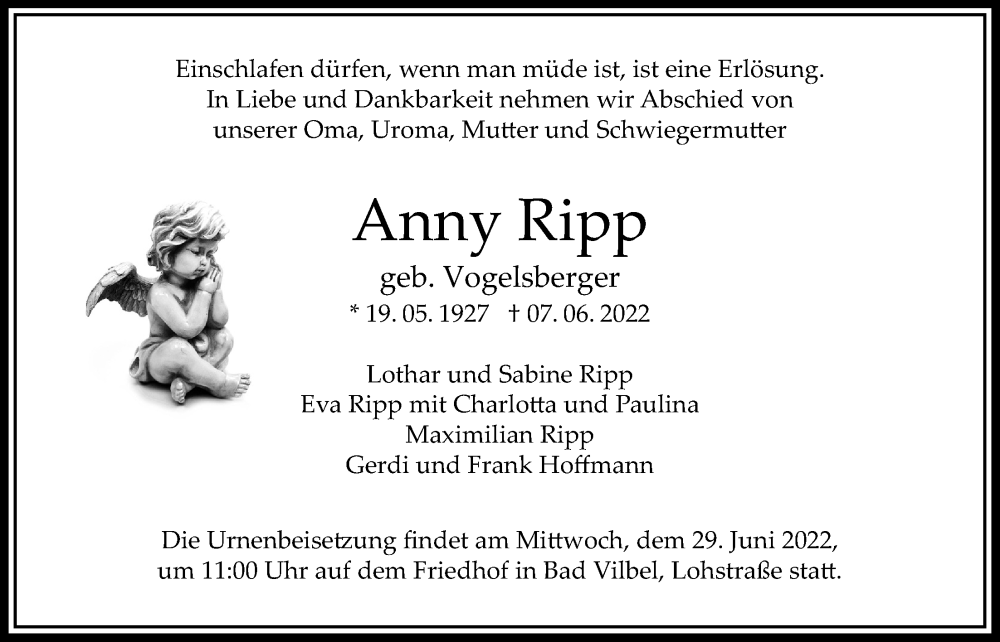  Traueranzeige für Anny Ripp vom 23.06.2022 aus Bad Vilbel/Karben