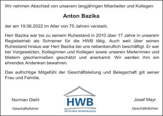 Traueranzeige von Anton Bazika 
