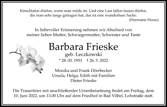 Traueranzeige von Barbara Frieske von Bad Vilbel/Karben