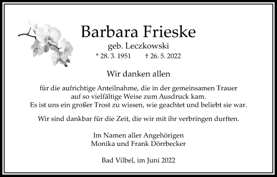 Traueranzeige von Barbara Frieske von Karbener Zeitung, Bad Vilbeler Anzeiger