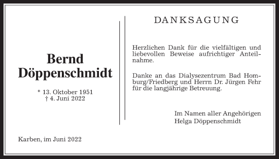 Traueranzeige von Bernd Döppenschmidt von Bad Vilbel/Karben, Wetterauer Zeitung