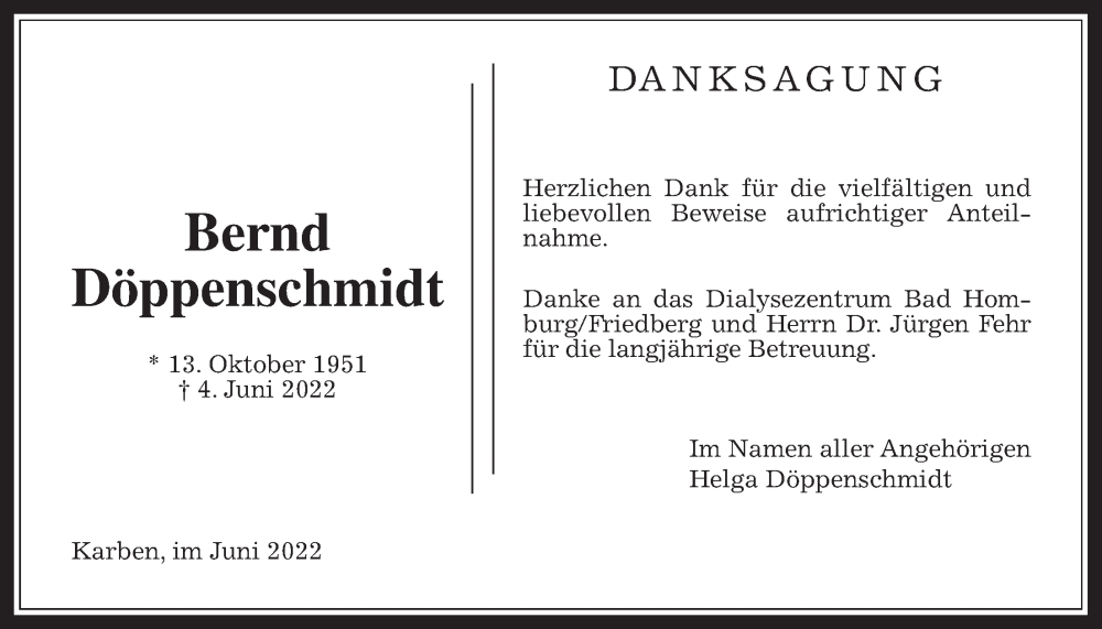  Traueranzeige für Bernd Döppenschmidt vom 25.06.2022 aus Bad Vilbel/Karben, Wetterauer Zeitung