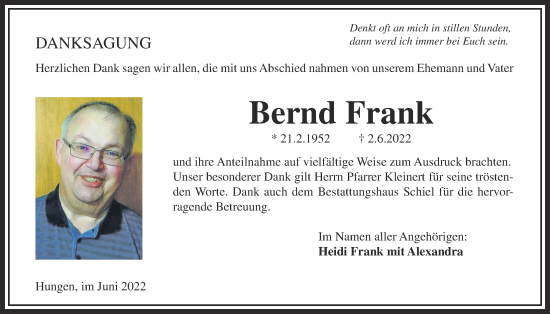 Traueranzeige von Bernd Frank von Licher Wochenblatt