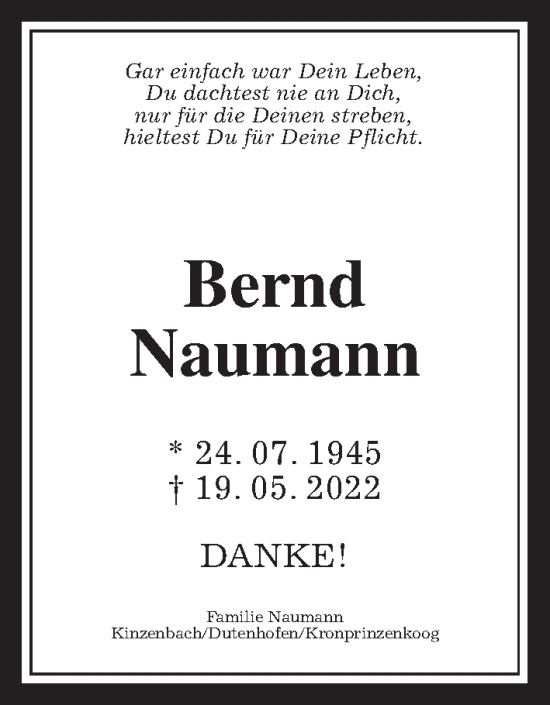 Traueranzeige von Bernd Naumann von Giessener Allgemeine, Alsfelder Allgemeine
