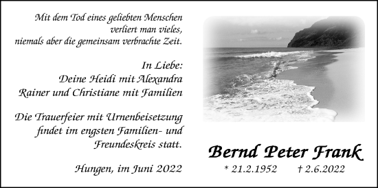 Traueranzeige von Bernd Peter Frank von Licher Wochenblatt