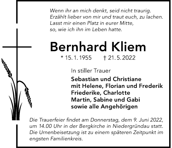 Traueranzeige von Bernhard Kliem von Wetterauer Zeitung