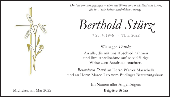 Traueranzeige von Berthold Stürz von Kreis-Anzeiger