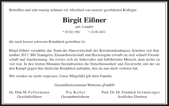 Traueranzeige von Birgit Eißner von Kreis-Anzeiger