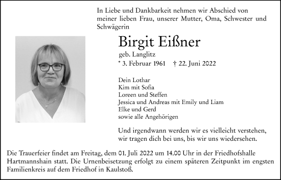 Traueranzeige von Birgit Eißner von Kreis-Anzeiger