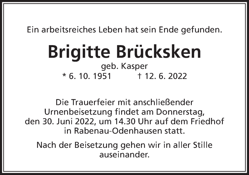  Traueranzeige für Brigitte Brücksken vom 23.06.2022 aus Rabenauer Zeitung