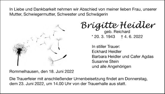 Traueranzeige von Brigitte Heidler von Kreis-Anzeiger