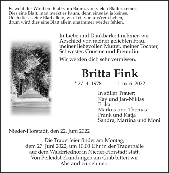 Traueranzeige von Britta Fink von Wetterauer Zeitung