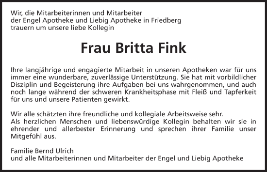 Traueranzeige von Britta Fink von Wetterauer Zeitung