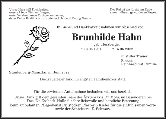 Traueranzeige von Brunhilde Hahn von Giessener Allgemeine, Alsfelder Allgemeine