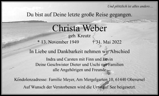 Traueranzeige von Christa Weber von Usinger Anzeigenblatt