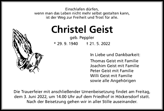 Traueranzeige von Christel Geist von Alsfelder Allgemeine, Mücker Stimme