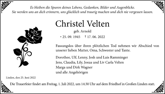 Traueranzeige von Christel Velten von Giessener Anzeiger, Giessener Allgemeine, Alsfelder Allgemeine