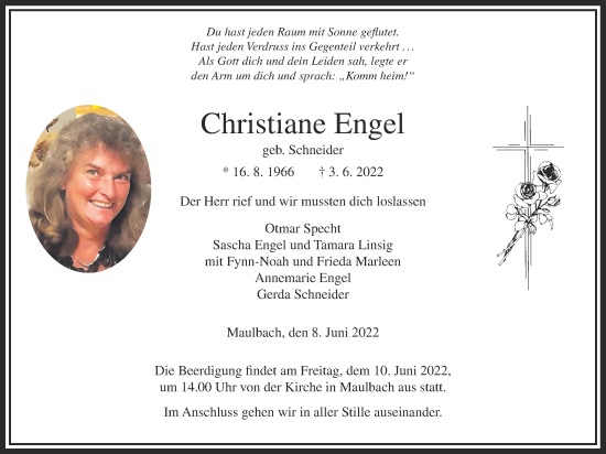 Traueranzeige von Christiane Engel von Alsfelder Allgemeine