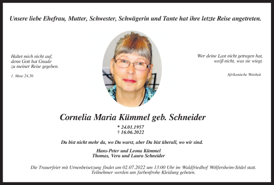 Traueranzeige von Cornelia Maria Kümmel von Wetterauer Zeitung, Karbener Zeitung, Bad Vilbeler Anzeiger