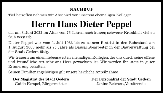 Traueranzeige von Dieter Peppel von Kreis-Anzeiger