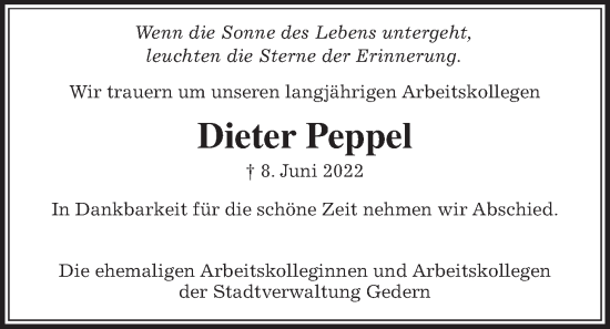 Traueranzeige von Dieter Peppel von Kreis-Anzeiger