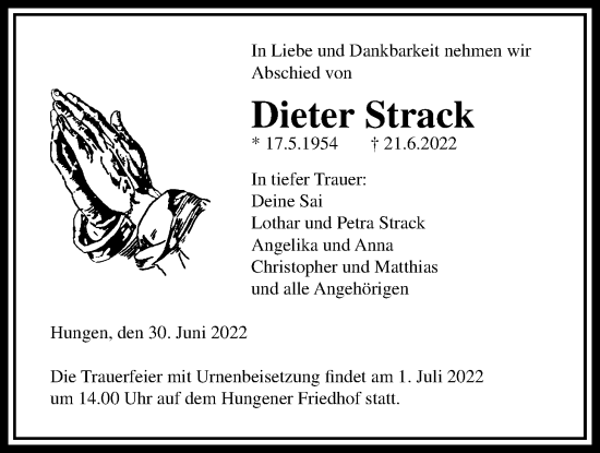 Traueranzeige von Dieter Strack von Licher Wochenblatt