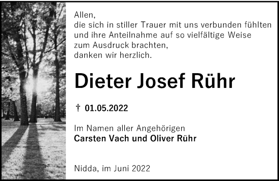 Traueranzeige von Dieter Josef Rühr von Kreis-Anzeiger
