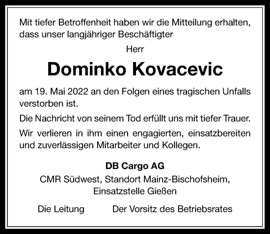 Traueranzeige von Dominko Kovacevic von Giessener Anzeiger