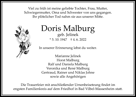 Traueranzeige von Doris Malburg von Bad Vilbel/Karben