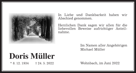 Traueranzeige von Doris Müller von Wetterauer Zeitung