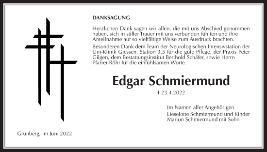Traueranzeige von Edgar Schmiermund von Giessener Allgemeine, Alsfelder Allgemeine
