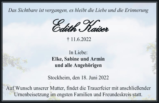 Traueranzeige von Edith Kaiser von Kreis-Anzeiger