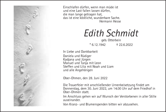 Traueranzeige von Edith Schmidt von Alsfelder Allgemeine