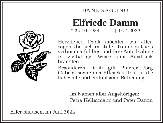 Traueranzeige von Elfriede Damm von Rabenauer Zeitung