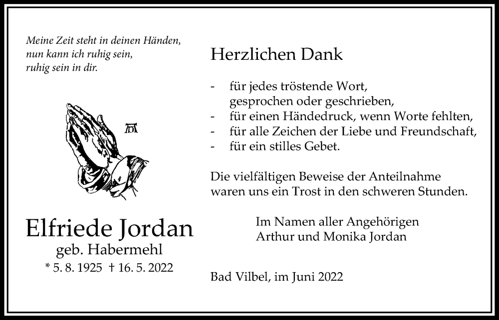  Traueranzeige für Elfriede Jordan vom 23.06.2022 aus Bad Vilbel/Karben