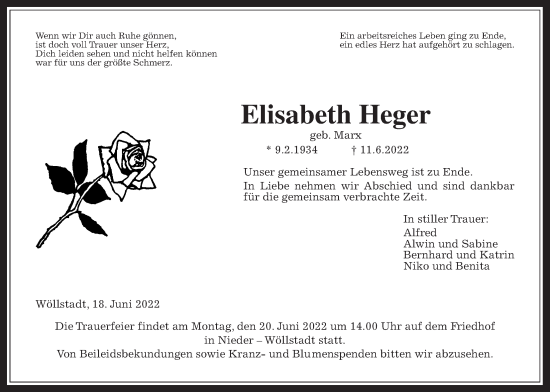 Traueranzeige von Elisabeth Heger von Wetterauer Zeitung