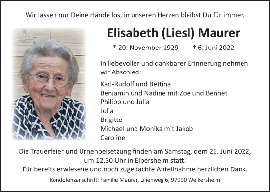 Traueranzeige von Elisabeth Maurer von Kreis-Anzeiger