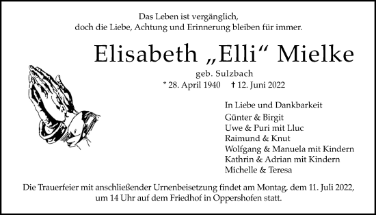 Traueranzeige von Elisabeth Mielke von Wetterauer Zeitung