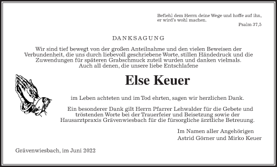 Traueranzeige von Else Keuer von Usinger Anzeiger