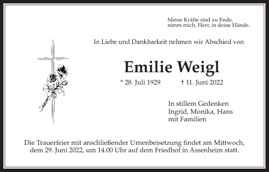 Traueranzeige von Emilie Weigl von Wetterauer Zeitung