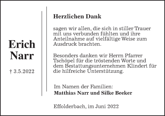 Traueranzeige von Erich Narr 