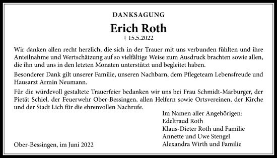 Traueranzeige von Erich Roth von Licher Wochenblatt