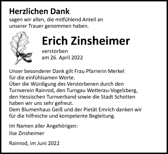 Traueranzeige von Erich Zinsheimer von Kreis-Anzeiger